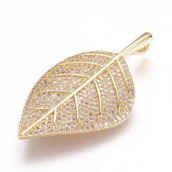 Golden Brass Micro Pave Cubic Zirconia Pendants, Real 18K Gold Plated, Leaf, 41.5x23x5mm, Hole: 2x4mm