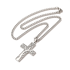 Platinum 304 Stainless Steel Cross with Tree of Life Pendant Necklaces, Curb Chain Necklace with Lobster Clasps, Stainless Steel Color, 17-1/2 inch(44.5cm)