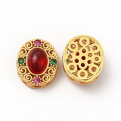 Dark Red Long-Lasting Rack Plating Brass Multi-Strand Links,  with Synthetic Ruby in Zoisite, Oval with Hollow Flower, Golden, Dark Red, 13x11x6mm, Hole: 1x2mm
