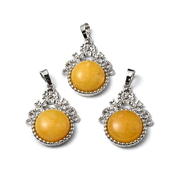 Topaz Jade Natural Topaz Jade Pendants, with Rack Plating Brass Findings, Cadmium Free & Lead Free, Flat Round & Flower, 34~34.5x25.5~26x8.5~9mm, Hole: 8x5.5mm