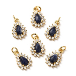 Sodalite Natural Sodalit Teardrop Charms, with Rack Plating Brass Micro Pave Clear Cubic Zirconia Findings and Jump Ring, Cadmium Free & Lead Free, Real 18K Gold Plated, 13x8.5x4mm, Hole: 2.5mm