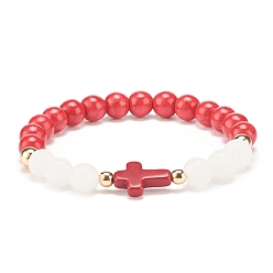 Red Natural White Jade & Synthetic Turquoise(Dyed) Stretch Bracelet with Cross, Gemstone Jewelry for Women, Red, Inner Diameter: 2-1/8 inch(5.3cm)