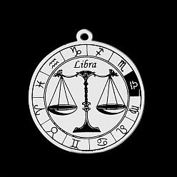 Libra 201 Stainless Steel Pendants, Laser Engraved Pattern, Flat Round with Constellation, Libra, 33x30x1mm, Hole: 2mm