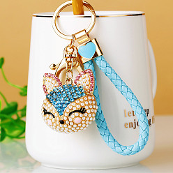 Turquoise Pâle Porte-clés pendentif tête de renard en perles de strass, avec apprêts en alliage de zinc et cordon en polyester, pour les décorations de pendentif de sac pour femme, turquoise pale, 100mm