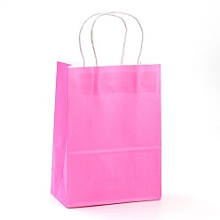 Rose Chaud Sacs en papier kraft de couleur pure, sacs-cadeaux, sacs à provisions, avec poignées en ficelle de papier, rectangle, rose chaud, 33x26x12 cm