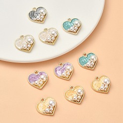 Mixed Color Light Gold Alloy Enamel Pendants, with ABS Plastic Imitation Pearl, Cadmium Free & Nickel Free & Lead Free, Heart, Mixed Color, 17.5x17.5x7mm, Hole: 1.6mm