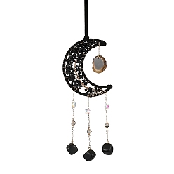 Natural Agate Natural Agate Wind Chime, with Glass Beads and Iron Ring, Moon, 350mm