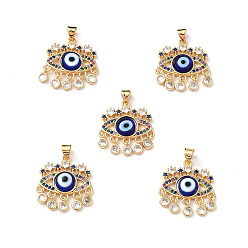 Dark Blue Lampwork Evil Eye Pendants with Colorful Cubic Zirconia, Real 18K Gold Plated Brass Findings, Lead Free & Cadmium free, Dark Blue, 27x22.5x4.5mm, Hole: 4x3.5mm