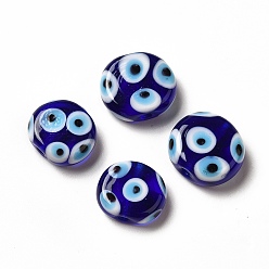Blue Handmade Evil Eye Lampwork Beads, Oval, Blue, 13~15x15~17x6~7mm, Hole: 1.8mm