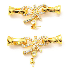 Golden Brass Micro Pave Clear Cubic Zirconia Fold Over Clasps, Cadmium Free & Lead Free, Bowknot, Golden, 35mm, Bowknot: 22x19.5x4mm, Pin: 0.7mm, Clasp: 12x5.5x6.5mm, Hole: 4.5mm