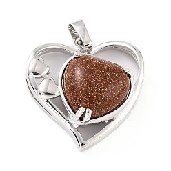 Goldstone Synthetic Goldstone Pendants, with Platinum Tone Brass Findings, Cadmium Free & Lead Free, Heart, Valentine's Day, 28x26x5mm, Hole: 8x5mm