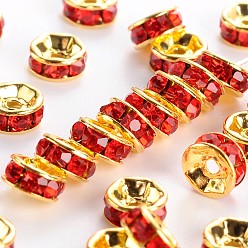 Light Siam Brass Grade A Rhinestone Spacer Beads, Golden Plated, Rondelle, Nickel Free, Light Siam, 10x4mm, Hole: 2mm