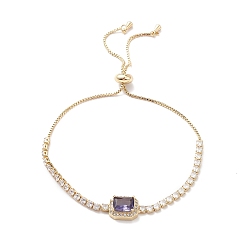 Púrpura Pulsera de plata con eslabones rectangulares de circonitas cúbicas y diamantes de imitación de cristal, joyas de latón chapado en oro real 18k para mujer, púrpura, 10-1/4 pulgada (26 cm)