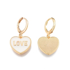 White Heart with Word Love Enamel Dangle Leverback Earrings, Real 18K Gold Plated Brass Jewelry for Women, Cadmium Free & Nickel Free & Lead Free, White, 28mm, Pin: 1mm