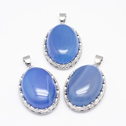 Natural Agate Natural Blue Agate Pendants, with Brass Findings, Oval, Dyed, Platinum, 30x21x10~11mm, Hole: 6x4mm