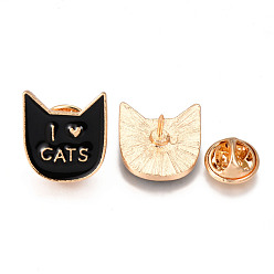Black Alloy Enamel Brooches, Enamel Pin, with Brass Butterfly Clutches, Cat Head with Word I Love Cats, Light Gold, Cadmium Free & Nickel Free & Lead Free, Black, 19x17x2mm, Pin: 1mm
