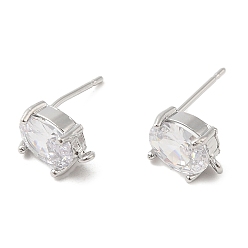 Platinum Brass Stud Earring Findings, with Glass and Vertical Loops, Rectangle, Platinum, 10x6mm, Hole: 1.2mm, Pin: 0.8mm