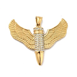 Golden Ion Plating(IP) 304 Stainless Steel Big Pendants, with Rhinestone, Wing with Bullet, Golden, 49.5x60x6.5mm, Hole: 4x7mm