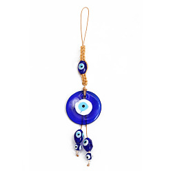 Royal Blue Flat Round with Evil Eye Glass Pendant Decorations, Polyester Braided Hanging Ornament, Royal Blue, 180mm