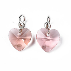 Pink Faceted Transparent Glass Charms, with Iron Jump Ring, Heart, Pink, 13~14x10x5~6mm, Hole: 4mm