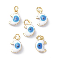 White Brass Enamel Charms, Real 18K Gold Plated, with Jump Rings, Moon with Evil Eye, Cadmium Free & Lead Free, White, 11x7x3.5mm, Hole: 2.6mm