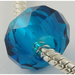 Bleu Dodger Perles européennes en verre, Perles avec un grand trou   , pas de noyau métallique, facettes rondelle, bleu royal, environ 14 mm de diamètre, épaisseur de 8mm, Trou: 5mm