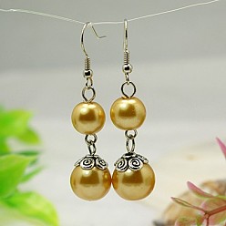 Gold Trendy Glass Pearl Ball Dangle Earrings, with Tibetan Style Bead Caps and Brass Earring Hooks, Gold, 50mm