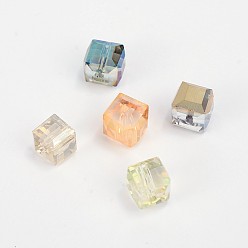 Couleur Mélangete Perles en verre electroplate, arc-en-ciel plaqué, facette, cube, couleur mixte, 7x7x7mm, Trou: 1mm
