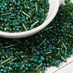 Vert Perles de rocailles en verre de couleurs intérieures opaques et transparentes, trou rond, rond & tube, verte, 1.5~9x2~3x2~3mm, Trou: 0.8~1mm, environ 450 g /sachet 