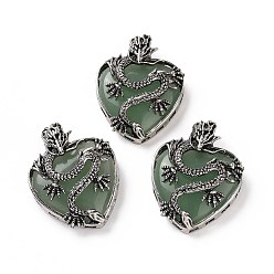 Зеленый Авантюрин Естественный зеленый авантюрин подвески, сердце прелести, с реечной обшивкой антикварным серебряным сплавом с выводами дракона, 41~41.5x31.5~32x11.5 мм, отверстие : 6.5x8.5 мм