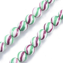 Old Rose Handmade Porcelain Bead Strands, Famille Rose Style, Round with Stripe Pattern, Old Rose, 10.5mm, Hole: 2mm, about 30pcs/strand, 11.81 inch(30cm)
