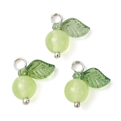 Light Green Natural Dyed Malaysia Jade Fruit Charms, with Acrylic Leaf and Platinum Plated Brass Loops, Light Green, 13x12x6mm, Hole: 2mm