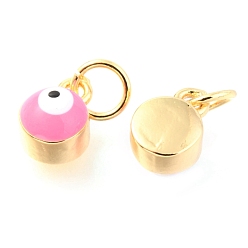 Pink Brass Enamel Pendants, Long-Lasting Plated, Real 18K Gold Plated, with Jump Rings, Column with Evil Eye, Pink, 8x5.5x4.5mm,Jump Ring: 5x0.6mm, 3mm inner diameter