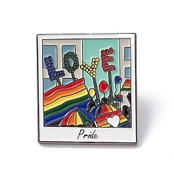 Coloré Rectangle de drapeau de fierté de couleur arc-en-ciel avec le mot amour épingle en émail, broche en alliage de platine pour vêtements de sac à dos, colorées, 29.5x27x1.5mm