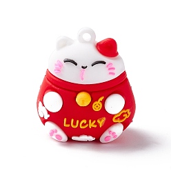 Rouge Pendentifs de poupée de chat porte-bonheur de bande dessinée de pvc, pour porte-clés, Maneki Neko, rouge, 37x32x27mm, Trou: 3mm