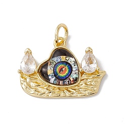 Colorful Brass Micro Pave Clear Cubic Zirconia Pendants, with Eye Resin and Jump Rings, Lead Free & Cadmium Free, Boat with Heart Charm, Real 18K Gold Plated, Colorful, 17x22.5x4.5mm, Hole: 4mm