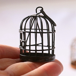 Negro Jaula de pájaros de aleación en miniatura, para accesorios de jardín de casa de muñecas, simulando decoraciones de utilería, negro, 40x30 mm