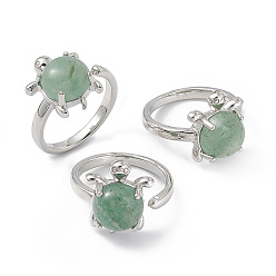 Green Aventurine Natural Green Aventurine Turtle Open Cuff Ring, Platinum Brass Jewelry for Women, Inner Diameter: 16.2mm