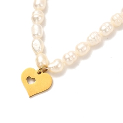 White Heart Pendant Necklace for Girl Women, Natural Pearl Necklace, Golden, White, 15.31 inch(38.9cm)