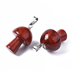 Piedra Roja Colgantes de jaspe rojo naturales, con broches de presión de acero inoxidable, en forma de hongo, 24~25x16 mm, agujero: 5x3 mm