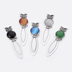 Antique Silver Tibetan Style Alloy Bookmarks, with Cat Eye Cabochons, Owl, Antique Silver, 87.5x22.5x6mm, Fit for 1mm Rhinestone