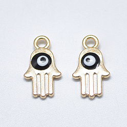 Black Light Gold Plated Alloy Charms, with Enamel, Religion, Hamsa Hand/Hand of Fatima /Hand of Miriam with Evil Eye, Black, 14.5x8x2.5mm, Hole: 1.8mm