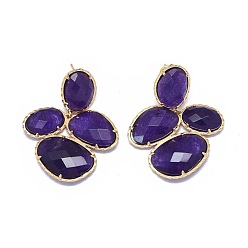 Purple Natural Jade Dangle Stud Earrings, with Brass Findings, Faceted, Dyed, Golden, Purple, 41~42mm, Pin: 0.6mm