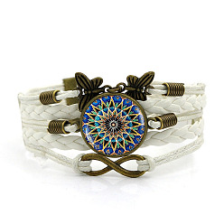White PU Leather Multi-strand Bracelet, Glass Mandala & Alloy Butterfly Links Bracelet for Women, White, 6-3/4 inch(17cm)