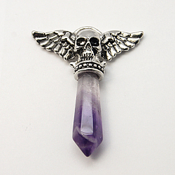 Amethyst Natural Amethyst Pendants, with Alloy Pendant Settings, Faceted, Bullet with Skull, Antique Silver Metal Color, Mauve, 47x38x9.5mm, Hole: 3x7mm