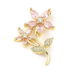 Pink Rack Plating Real 18K Gold Plated Brass Pendants, with Cubic Zirconia, Long-Lasting Plated, Lead Free & Cadmium Free, Flower, Pink, 29x20.5x5mm, Hole: 3.8x1.8mm