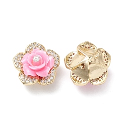 Pink Brass Micro Pave Cubic Zirconia Beads, with Grade A Rhinestone & Resin, Lead Free & Cadmium Free, Long-Lasting Plated, Real 18K Gold Plated, Flower, Pink, 18x11mm, Hole: 1mm