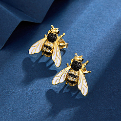 Colorful Bee Shape 925 Sterling Silver Stud Earrings, with Cubic Zirconia and Enamel, Colorful, 16.6x17.2mm