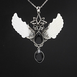 Black Onyx Natural Black Onyx(Dyed & Heated) Angel Wing Big Pendants, Star Charms with Shell Wing, Antique Silver, 85x75x25mm