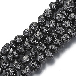 Gunmetal Plated Electroplated Natural Lava Rock Beads Strands, Nuggets, Gunmetal Plated, 6~10x6~10x5~8mm, Hole: 1mm, about 52~54pcs/strand, 14.17 inch~14.96 inch(36~38cm)